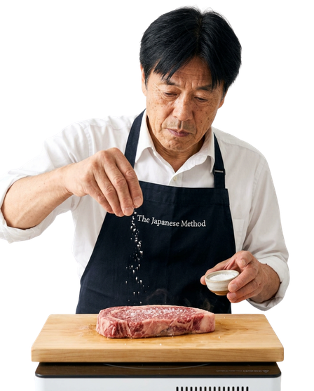 Haruto Sato cooking in a The Japanese Method apron